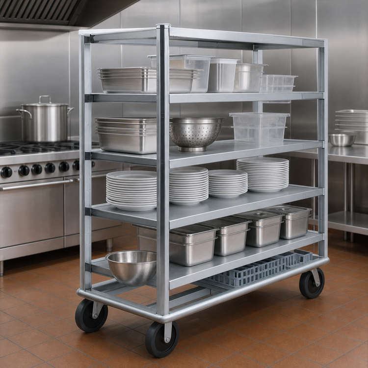 Product image #4 for Heavy-Duty Aluminum Queen Mary Utility Cart, 5 Shelves, 27 x 60 Inches, Flanged-Down Edges
