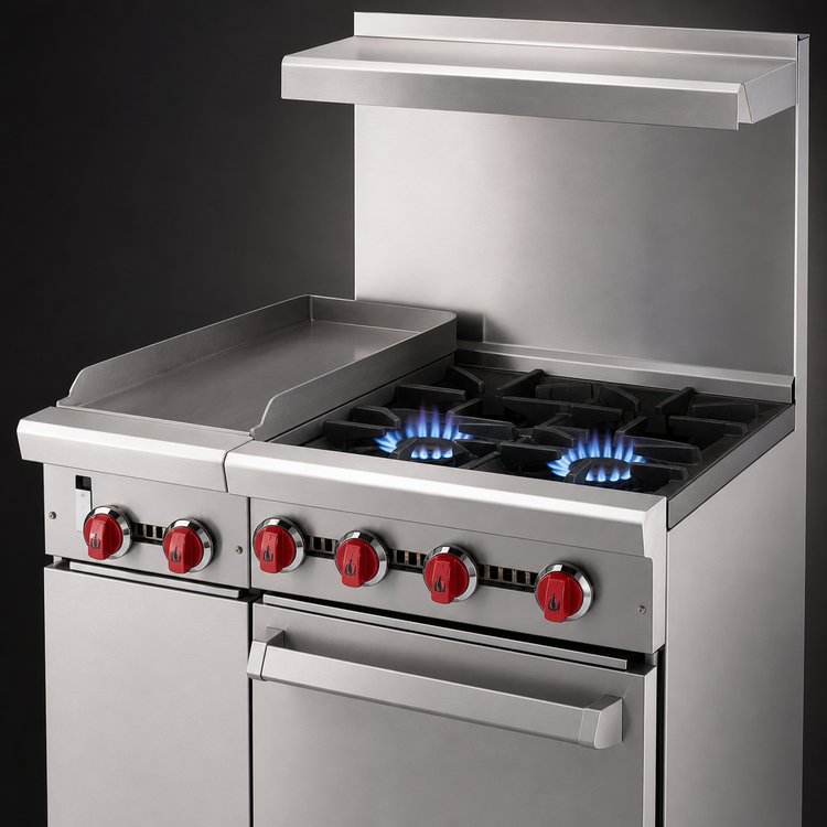Product image #4 for American Range 24-Inch Green Flame Commercial Gas Range with 12-Inch Left Griddle, 2 Open Burners, and Space Saver Oven
