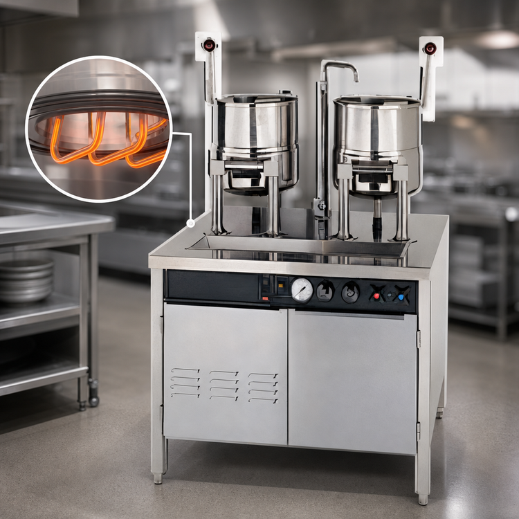 Product image #4 for Groen Electric Dual 20 Quart Hand-Tilt Kettle Cabinet Assembly with 36-Inch Stainless Steel Base