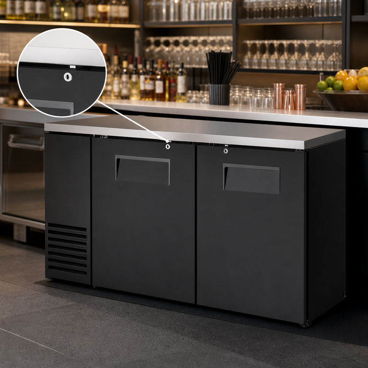Product image #4 for True 60-1/8 Inch Two-Section Solid Door Back Bar Cooler with Stainless Steel Top and Left-Side Self-Contained Refrigeration