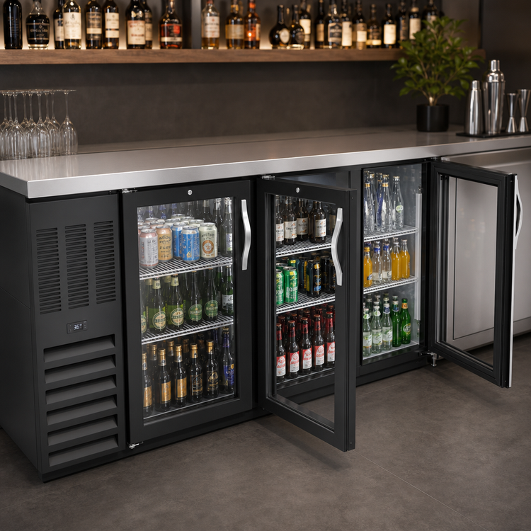 Product image #4 for Beverage-Air BB94HC-G-B Three-Section Glass-Door Back Bar Refrigerator, 94-Inch Wide, Black Exterior, Stainless Steel Top