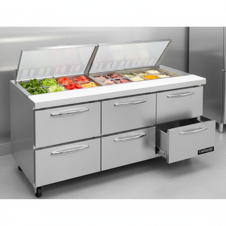 Product image #3 for Continental Refrigerator Mighty Top SW72N27M-D 72 Inch Three-Section Refrigerated Sandwich Unit with Drawers
