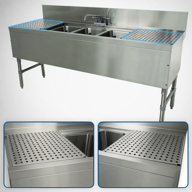 Product image #4 for Advance Tabco Prestige 3-Compartment Stainless Steel Underbar Sink Unit with Left and Right Drainboards and Deck-Mount Faucet, 72-Inch