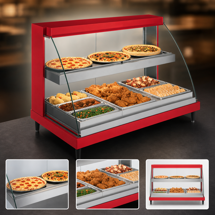 Product image #4 for Hatco Glo-Ray Designer 3-Pan Dual-Shelf Heated Display Case, Curved Glass, 120V Countertop Hot Food Display