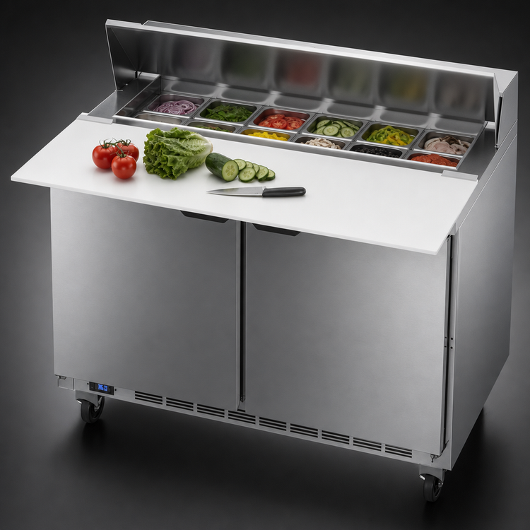 Product image #5 for Beverage Air SPE48HC-12C 48-Inch Two-Section Sandwich Top Refrigerated Prep Table with 12 1/6-Pan Top and 17-Inch Cutting Board
