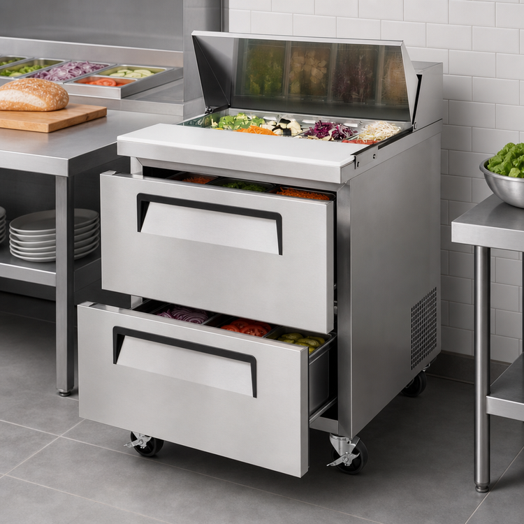 Product image #4 for Turbo Air Super Deluxe 27.5-Inch 2-Drawer Refrigerated Sandwich/Salad Prep Table with 8-Pan Opening