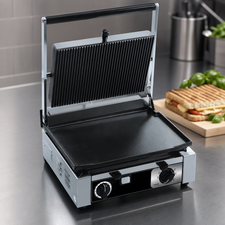 Product image #4 for Trento Single Countertop Panini Grill with Ribbed Top and Smooth Bottom, 15 x 10 Inch Cast Iron Cooking Surface, 120V