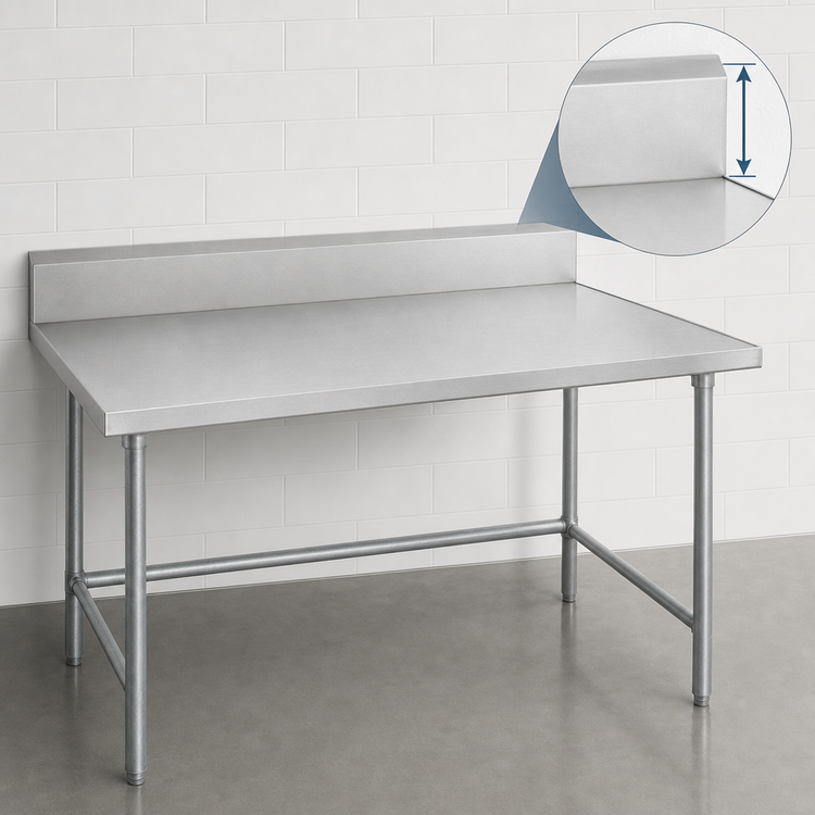 Product image #4 for Advance Tabco 84-Inch x 36-Inch 14-Gauge 304 Stainless Steel Work Table with 10-Inch Backsplash and Galvanized Open Base