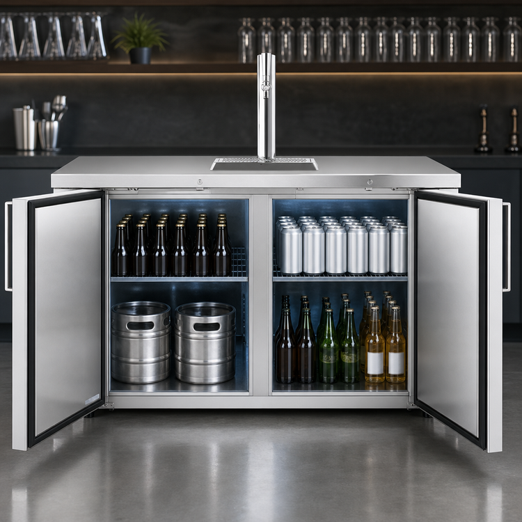 Product image #4 for True Premier Bar 60-Inch Pass-Thru Two-Section Refrigerated Draft Bar Cooler with Stainless Steel Top, 4 Locking Doors, and 1 Faucet Beer Column