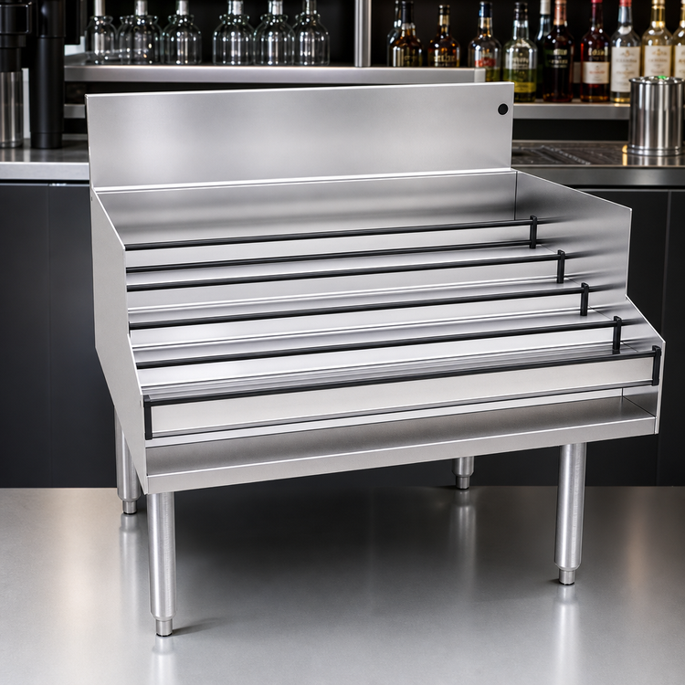 Product image #4 for Glastender Free Standing Stainless Steel Underbar Liquor Steps, 36 Inch Wide x 29 Inch Deep, 5-Step Display