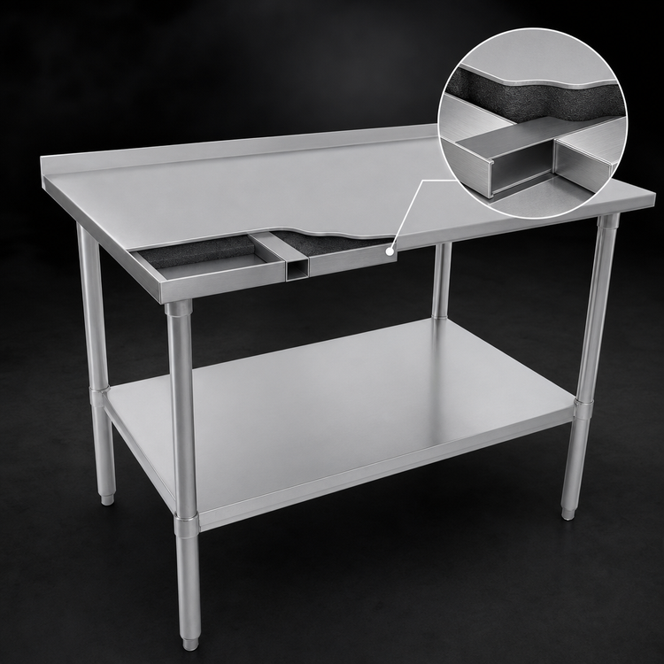 Product image #4 for John Boos Stallion 84-Inch x 36-Inch Stainless Steel Work Table with 1-1/2-Inch Rear Backsplash, Stallion Safety Edge, and Adjustable Undershelf
