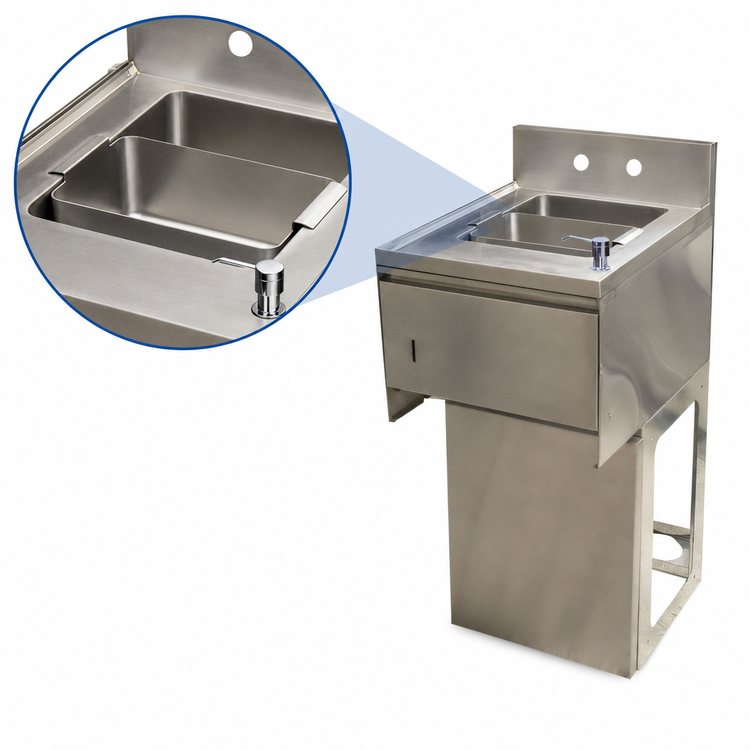 Product image #5 for BK Resources Slimline Underbar Dump Sink with Soap and Towel Dispenser, 12-1/2 Inch W x 18-1/4 Inch D, 1 Compartment, 304 Stainless Steel