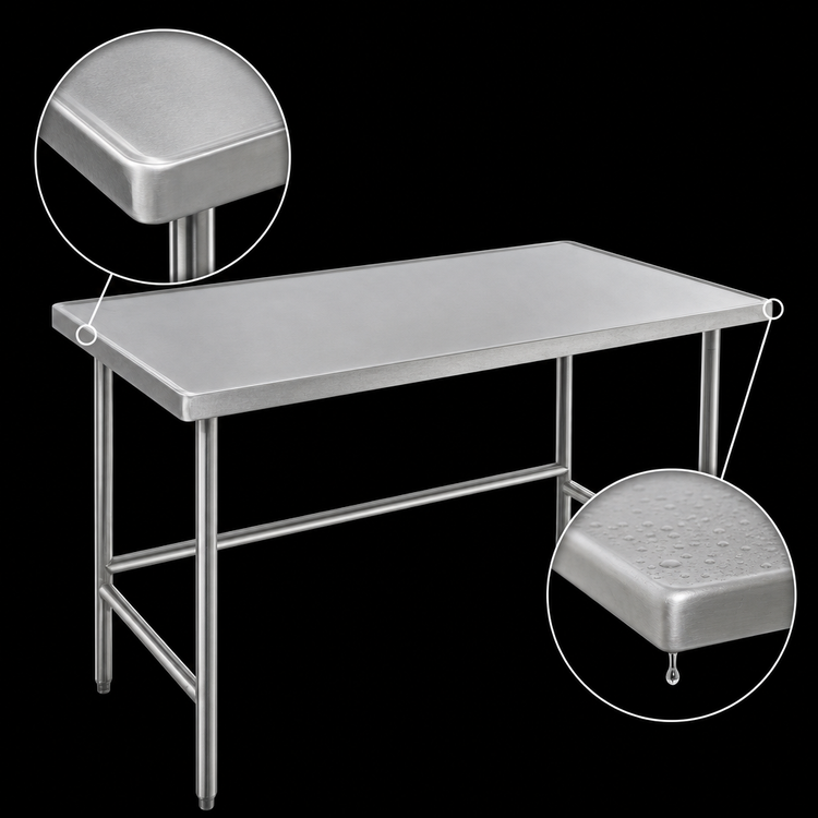 Product image #4 for Advance Tabco 144-Inch x 30-Inch 14-Gauge 304 Stainless Steel Work Table with Countertop/Marine Edge and Open Galvanized Base