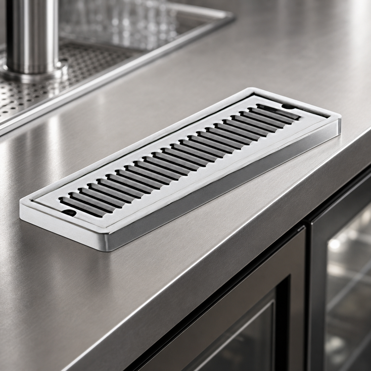 Product image #4 for Perlick 5000 Series Surface-Mount Stainless Steel Drip Tray Trough with Removable Louvered Glass Rack and 1/2-Inch Drain