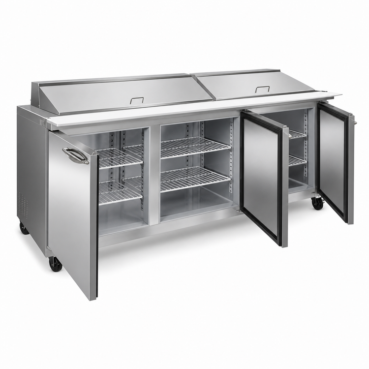 Product image #4 for IKON Refrigeration ISP72M Mega Top Three-Section Sandwich / Salad Prep Table, 18 Cu. Ft., 27 1/6-Pan Capacity