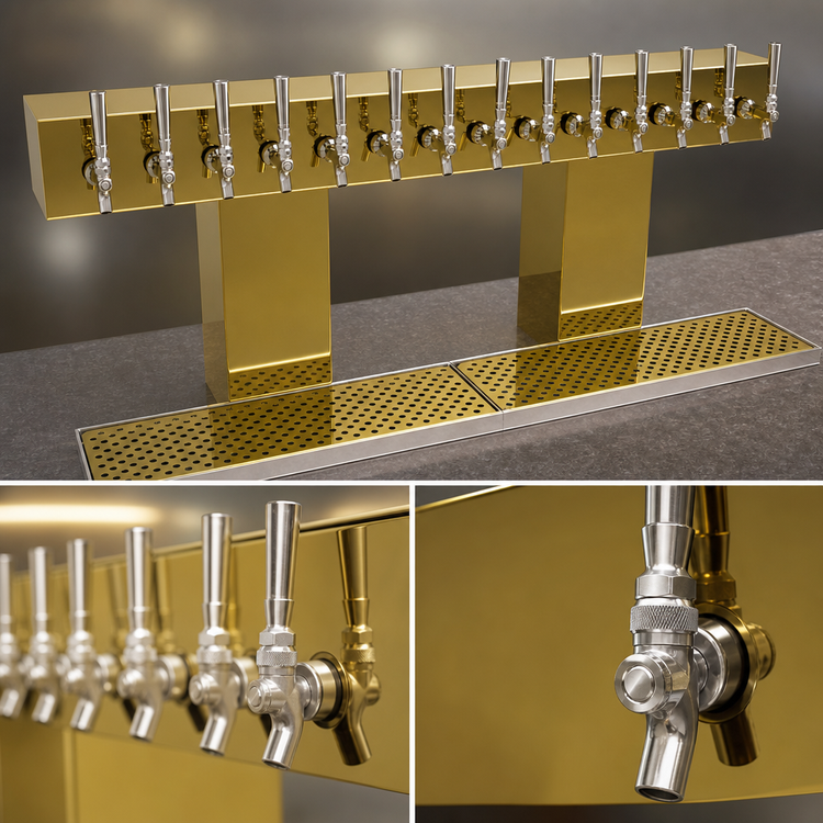 Product image #4 for Glastender Double-Column Bridge Draft Dispensing Tower, 14-Faucet, Countertop, Air-Cooled, Polished Brass Finish