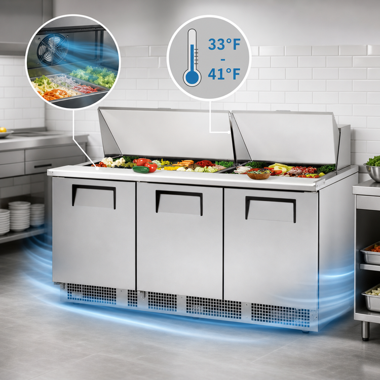 Product image #4 for True 72-Inch Three-Section Sandwich/Salad Prep Table with 30-Pan Top and R290 Self-Contained Refrigeration