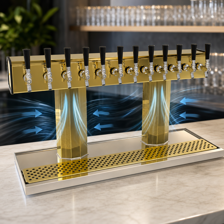 Product image #4 for Glastender 12-Faucet Countertop Air-Cooled Tee Draft Dispensing Tower, Polished Brass Finish