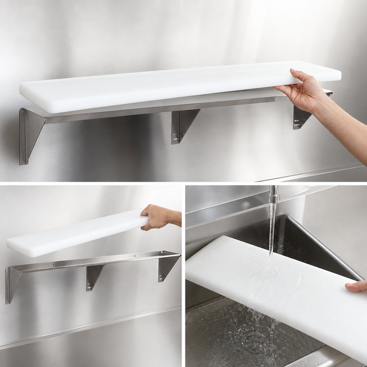 Product image #4 for Advance Tabco Triumph Supreme Stainless Steel Carving Station Shelf with Removable White Poly Cutting Board, 31-13/16 Inches W x 10 Inches D