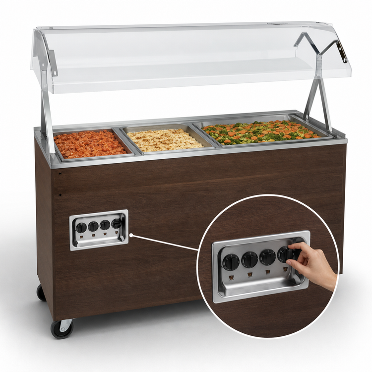 Product image #4 for Vollrath 2-Series Affordable Portable 3-Well Mobile Hot Food Station with Buffet Breath Guard and Enclosed Base, Walnut Woodgrain, 208-240V