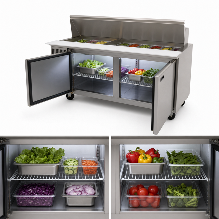Product image #4 for Two-Section Refrigerated Salad Prep Table, 72 Inch, 30-Pan Mega Top, Side-Mounted Self-Contained Refrigeration