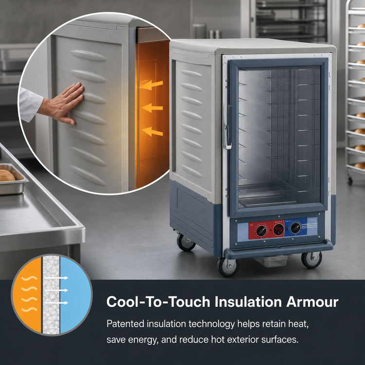 Product image #4 for Metro C5 3 Series Half-Height Moisture Heated Holding and Proofing Cabinet, Gray Insulation Armour, Clear Polycarbonate Door, Mobile, 17-Pan Capacity, 120V