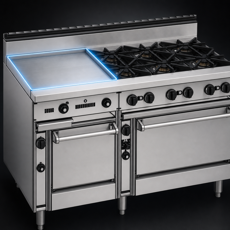 Product image #4 for Bistro 60-Inch Commercial Gas Restaurant Range with 6 Open Burners, 24-Inch Griddle, Standard Oven, and Cabinet Base