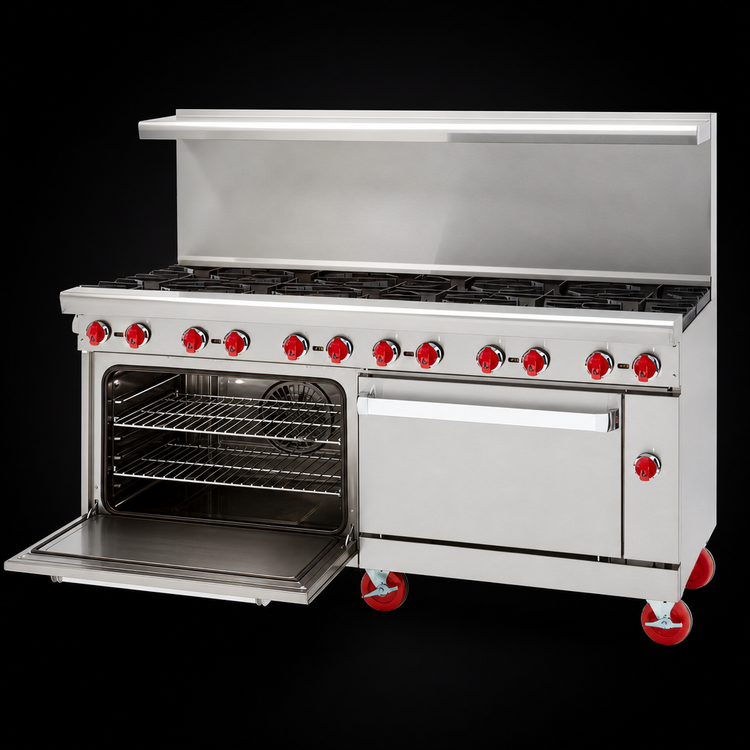 Product image #4 for American Range 72-Inch Gas Restaurant Range with 12 Open Burners, Left Convection Oven, and Right Storage Base