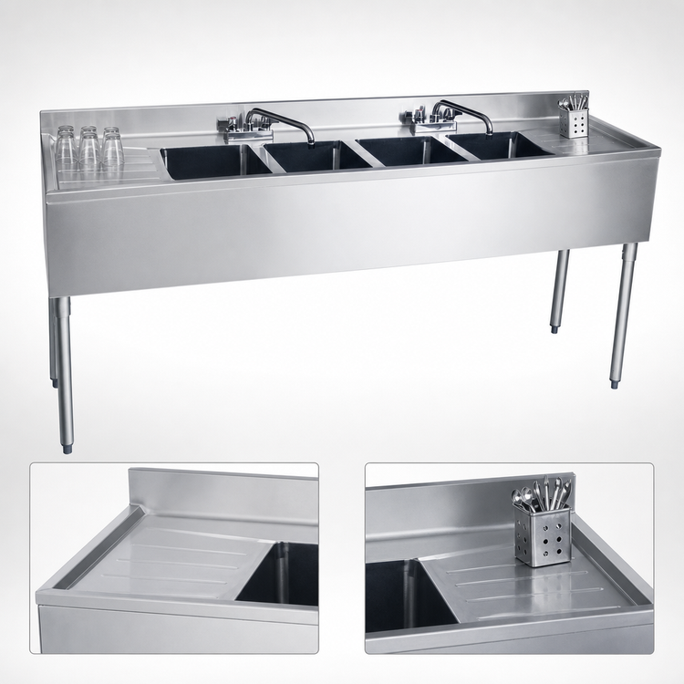 Product image #4 for BK Resources 72-Inch 4-Compartment Underbar Sink with Left and Right Drainboards and Faucets