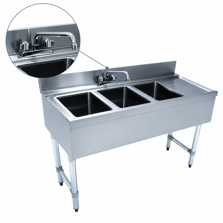 Product image #4 for Advance Tabco Underbar Basics 3-Compartment Bar Sink Unit with Right Drainboard and Deck-Mount Faucet, 48 x 21 x 33 Inches