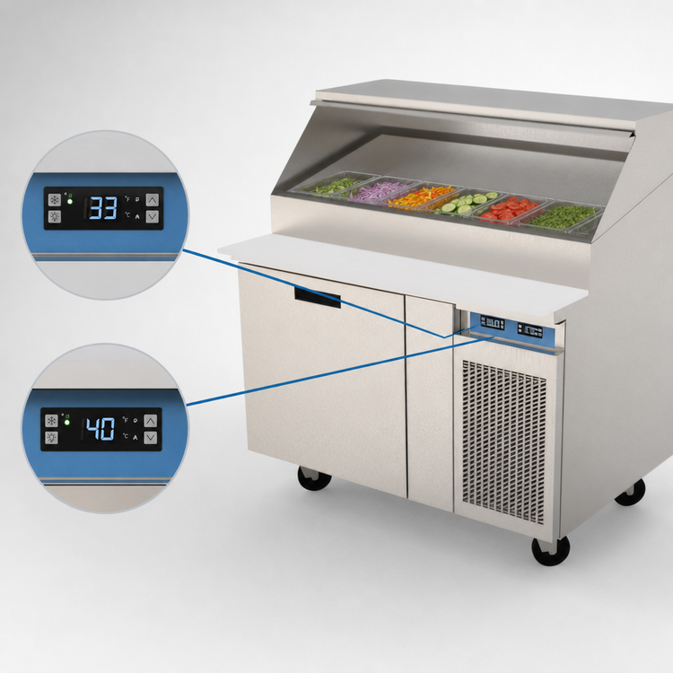 Product image #4 for Randell 48-Inch One-Section Refrigerated Raised Rail Prep Table with Right-Side Compressor