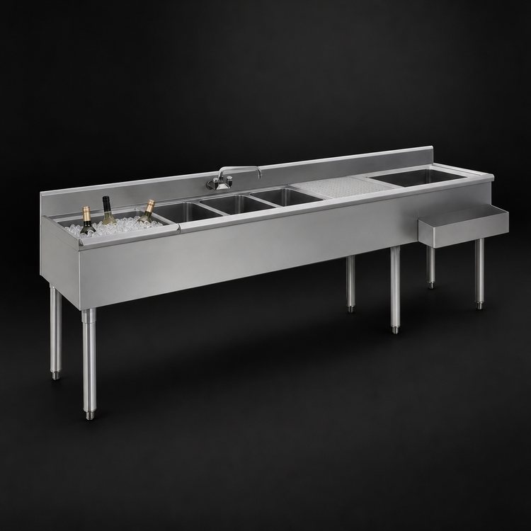 Product image #4 for Eagle 1800 Series 96-Inch Underbar Combination Unit with 3 Sink Bowls, 24-Inch Ice Bin, and Drainboards