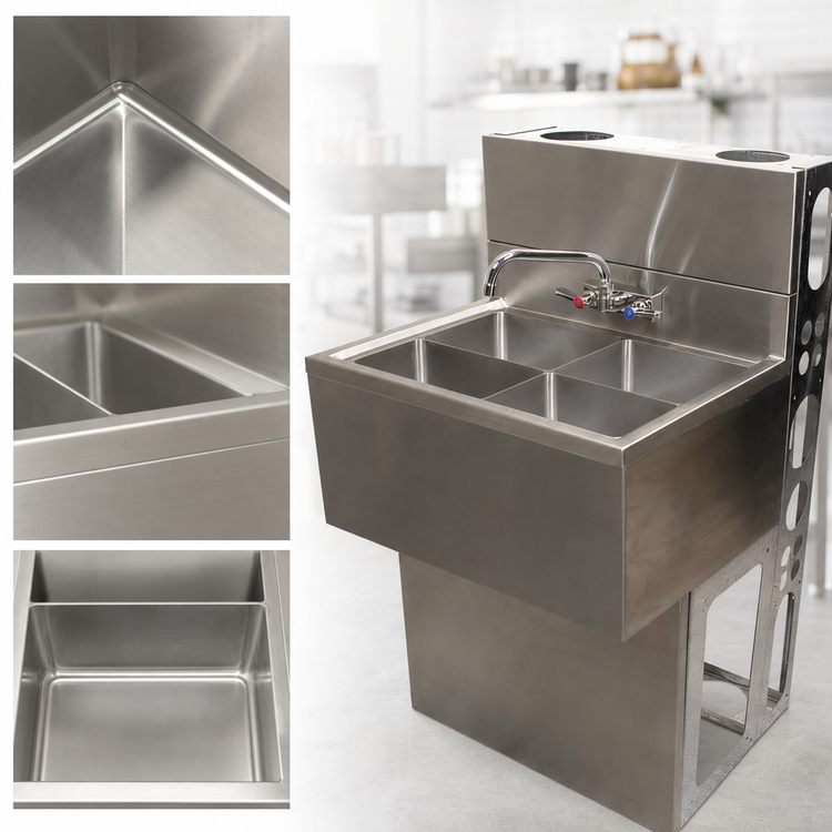 Product image #5 for BK Resources Slim-Line 3-Compartment Underbar Sink with Left Drainboard, 48 Inch Wide, 304 Stainless Steel