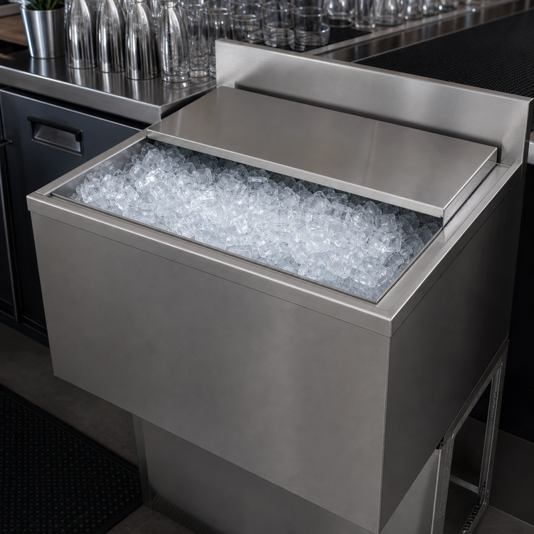Product image #4 for BK Resources 24-Inch Underbar Insulated Stainless Steel Ice Bin with 8-Circuit Aluminum Cold Plate, 80 lb Capacity