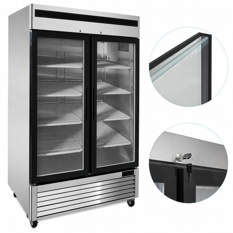 Product image #4 for Atosa MCF8703ES Two-Section Glass Door Reach-In Freezer Merchandiser, 44.8 Cu. Ft., Bottom-Mount Self-Contained, Stainless Steel