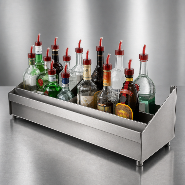 Product image #4 for Advance Tabco Underbar Basics Double-Tier Stainless Steel Speed Rail, 84 Inch, 46-52 Bottle Capacity