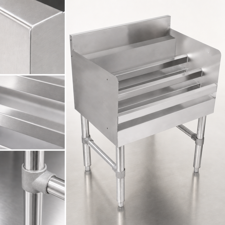 Product image #4 for John Boos Slim-Line Freestanding Underbar Liquor Bottle Display Unit, 12 x 18 x 32-1/2 Inches, 3-Step Stainless Steel