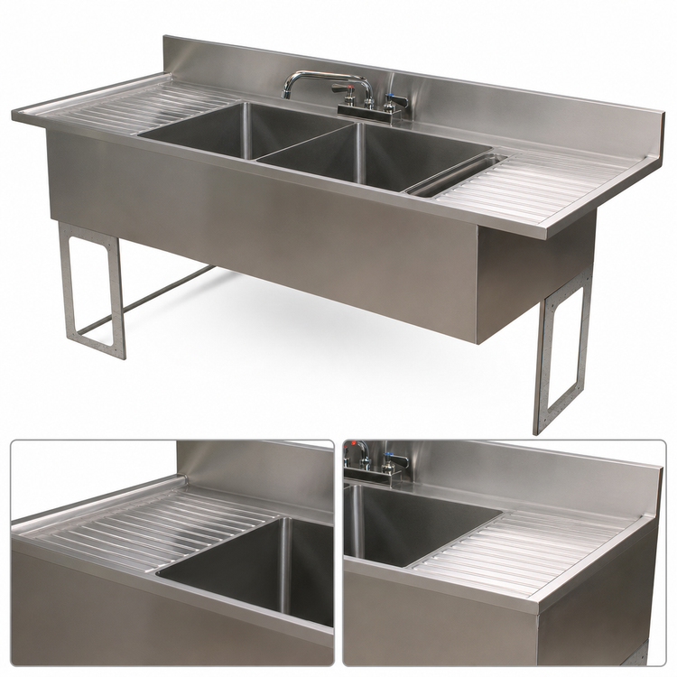 Product image #5 for BK Resources 84-Inch Four-Compartment Stainless Steel Underbar Sink with Dual Drainboards and Faucets