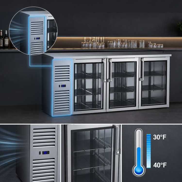 Product image #4 for Krowne Royal Series 84-Inch Three-Section Pass-Thru Refrigerated Back Bar Cooler with 6 Locking Doors