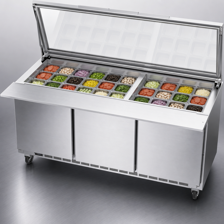 Product image #4 for Beverage-Air 72-Inch Three-Section Mega Top Refrigerated Prep Table with See-Thru Lid