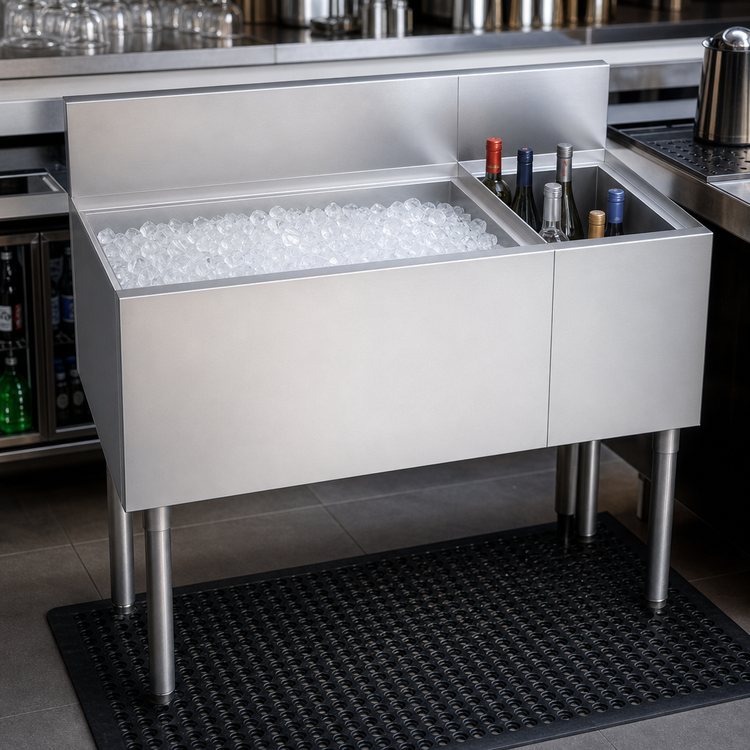 Product image #4 for Krowne Royal Series 42 Inch Underbar Combination Ice Bin with Left Ice Bin and 12 Inch Insulated Bottle Storage, 92 lb. Capacity