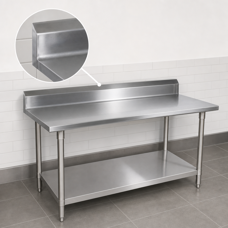 Product image #4 for John Boos Stallion 84" x 36" Stainless Steel Top Work Table with 5" Backsplash, Safety Edge, and Undershelf