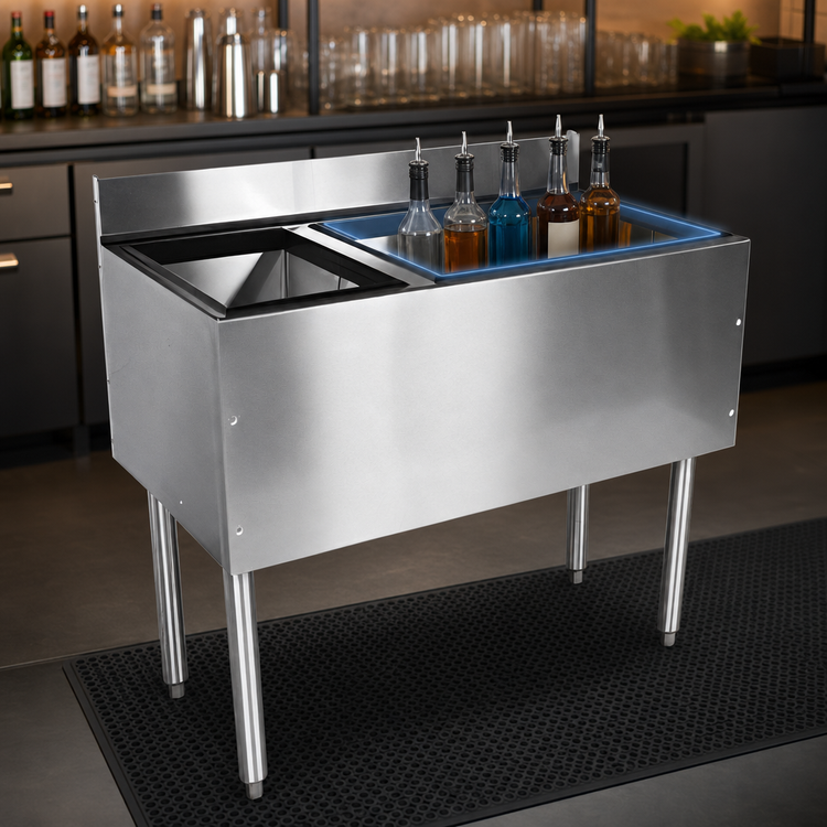 Product image #4 for CHOICE 48-Inch Stainless Steel Underbar Combo Ice Bin and Cocktail Unit with Right-Side 6-Bottle Storage