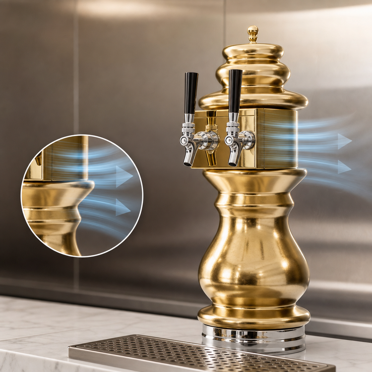 Product image #4 for Glastender Braumeister 2-Faucet Air-Cooled Draft Dispensing Tower, Polished Brass Finish