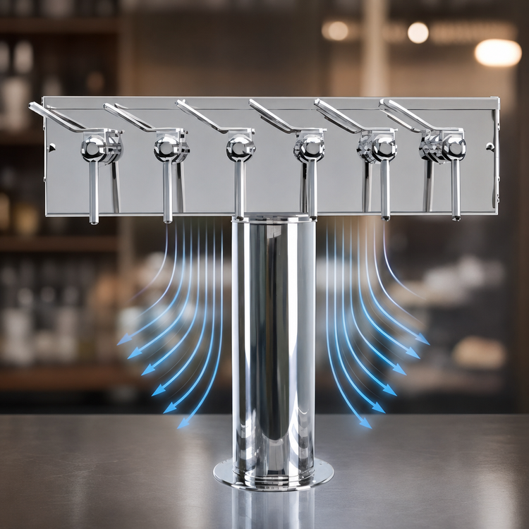 Product image #4 for T Style Countertop Air-Cooled Wine Font with 6 Polished Stainless Steel Side Pull Faucets