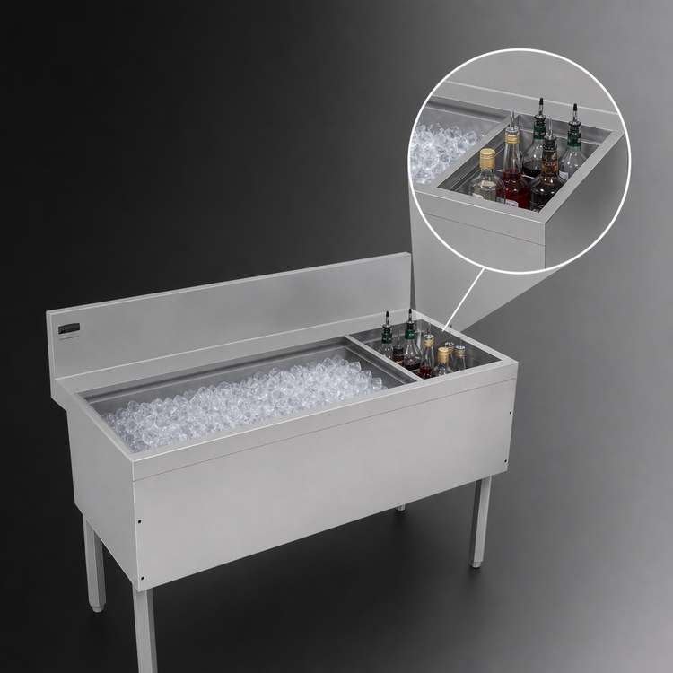 Product image #4 for Advance Tabco Prestige 42-Inch Stainless Steel Underbar Ice Chest with Right Bottle Rack, No Cold Plate