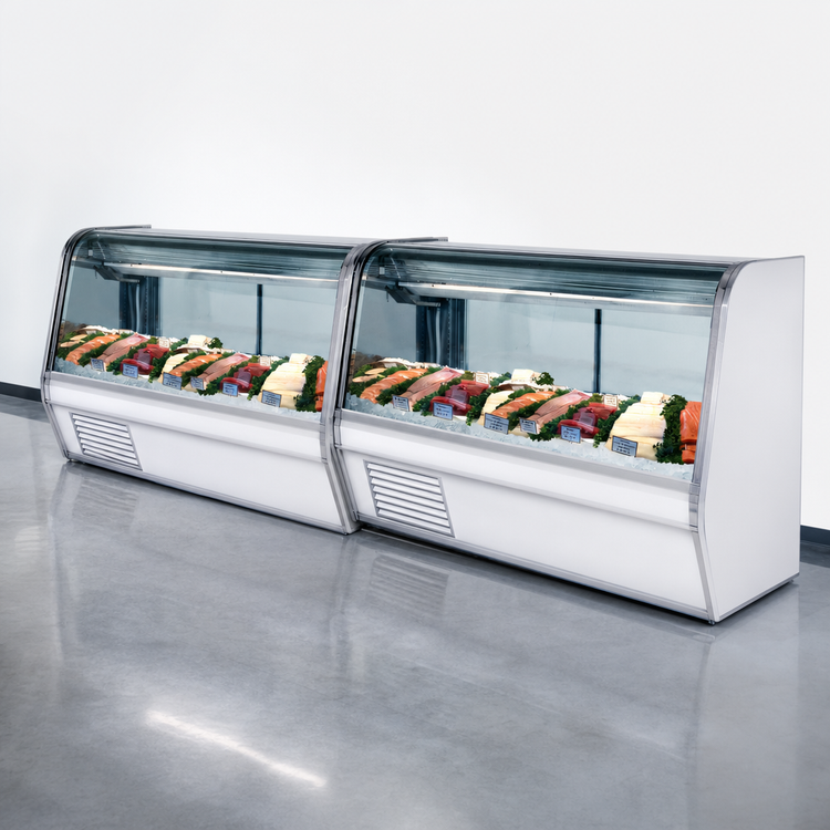 Product image #4 for Howard-McCray 74-Inch Curved Glass Remote Single Duty Fish and Poultry Service Case, Endless Design, LED, Black Interior/White Exterior