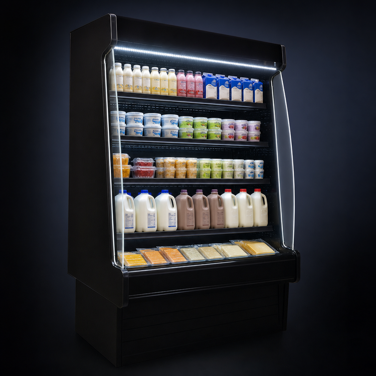 Product image #4 for Howard-McCray 35E Series 39-Inch Wide Dairy Open Merchandiser, Self-Contained, Sloped, Endless Design, Black, LED Lighting