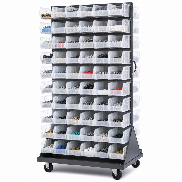 Product image #4 for Quantum Mobile Double-Sided Louvered Bin Rack with 120 Clear Bins, 36 x 25 x 72 Inches, 1200 lb Capacity