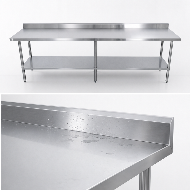 Product image #4 for Sapphire 108-Inch x 30-Inch x 35-Inch Stainless Steel Worktable with 5-Inch Backsplash and Open Undershelf